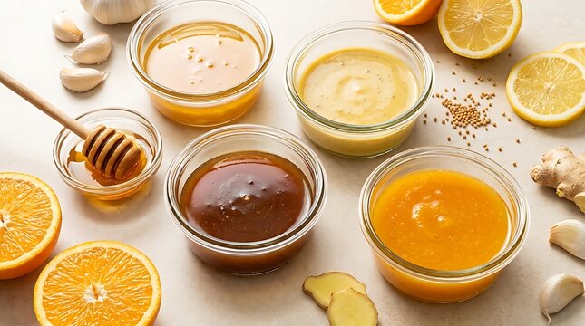 Various kinds of healthy natural honey and fresh citrus fruit slices with ginger on a kitchen table. marinade variations