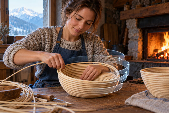 Woman Coiling a Rattan Bread Basket