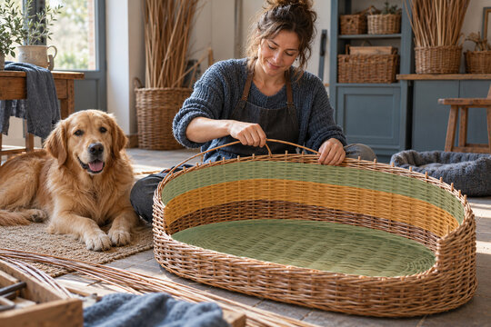 Woman Weaving a Willow Pet Bed