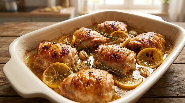 Roasted chicken thighs with lemon slices and fresh herbs in a ceramic baking dish on wooden table. boneless chicken thigh