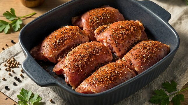 Raw chicken thighs seasoned with herbs and spices in a dark baking dish ready for the hot oven. boneless chicken thigh