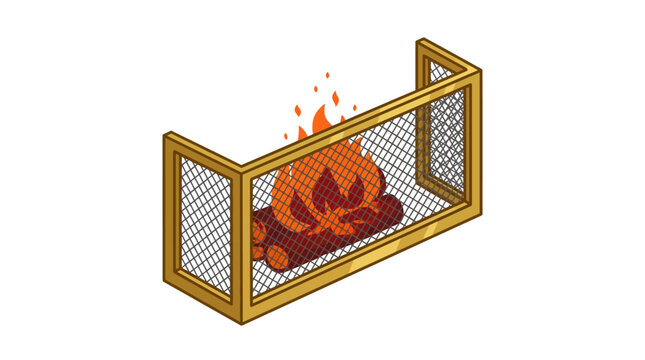 A golden metal fireplace screen with mesh netting contains a brightly burning fire made of logs.