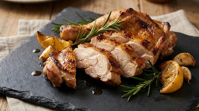 Roasted chicken breast meat sliced with fresh herbs and lemon wedges served on a rustic stone plate. boneless chicken thigh