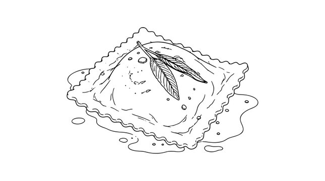 Spinach ricotta ravioli pasta dumpling with crimped fluted square edges two fresh sage leaves and melted butter sauce puddle drawn as a minimalist black outline vector icon for dining