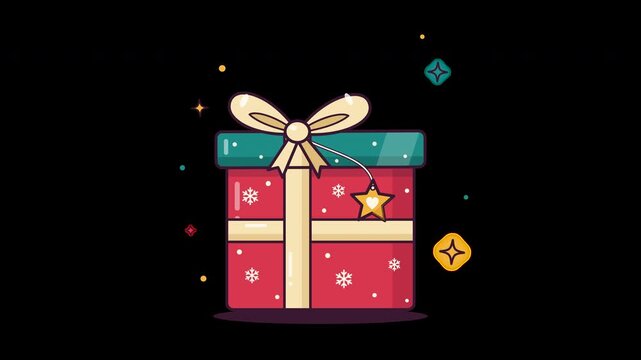Bouncing Christmas gift box with teal lid, red snowflake wrapping, cream ribbon bow and swinging golden star tag, twinkling sparkles, isolated with alpha channel, flat vector cartoon loop