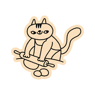 Vector Playful quirky doodle hand drawn illustration, animal mascot and character for coffee shop, cafe, food delivery, packaging, menus and stickers, line art cartoon cat baker