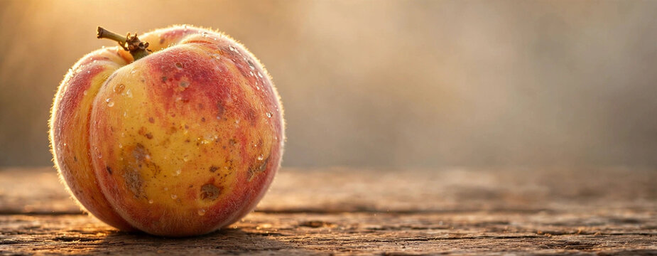 Golden Peach Serenity: A solitary, dew-kissed peach rests on a rustic wooden surface, bathed in the soft, warm light of dawn, exuding a feeling of natural sweetness and tranquility.