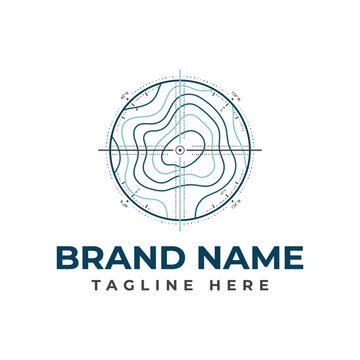 Logo design features a topographic map-inspired circle, symbolizing exploration and precision in branding.