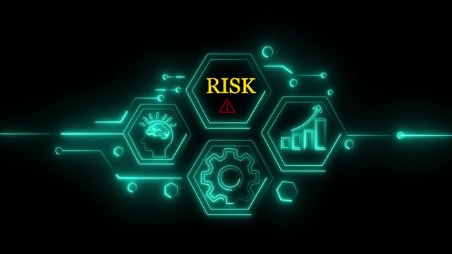 risk management and threat analysis, compliance checks, secure strategy, financial protection, decision insights, business stability, and Motion graphics of brain concept