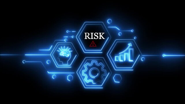 Risk management and threat analysis, compliance checks, secure strategy, financial protection, decision insights, business stability, and Motion graphics of brain neon concept.