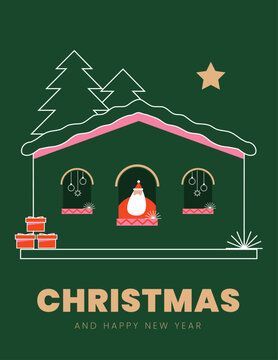 Minimalist Christmas Poster with Line Art House with Pine Trees, Star and Red Gift Boxes on Dark Green Background Editable Vector Illustration