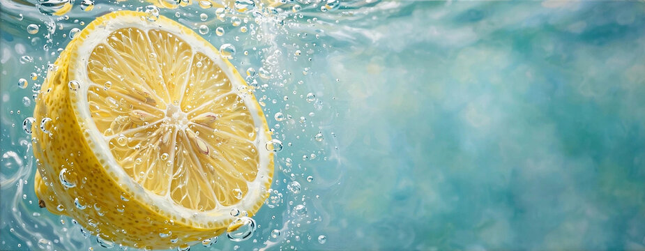 Lemon Splash: A vibrant lemon half plunges into crystal-clear water, creating a refreshing splash and releasing a cascade of tiny bubbles.
