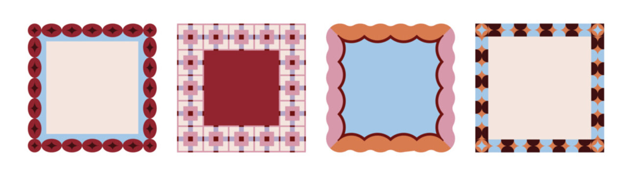 Vector Decorative frame collection featuring geometric borders, checkerboard patterns, scalloped edges, diamond motifs, and star details