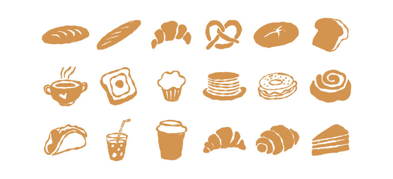 Vector collection of hand-drawn food doodles featuring coffee, burgers, pastries, sandwiches and sweet treats. Playful illustrations for cafe branding, bakery packaging, menus, stickers and apparel.