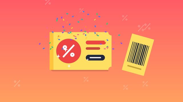 Discount coupon animation, scissors cutting sale voucher with percent sign along dashed line, promo code, gift voucher, special offer, shopping deal and price discount, flat motion graphic