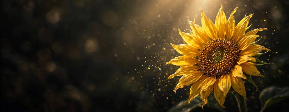 Golden Sunflower Radiance: A vibrant sunflower unfurls its petals, bathed in the warm, ethereal glow of sunbeams filtering through a soft, blurred background.