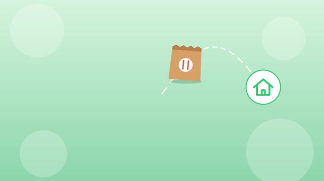 Food delivery animation, burger, pizza, drink and fries packed into takeaway paper bag and delivered to home, online food order, restaurant delivery app concept, flat motion graphic