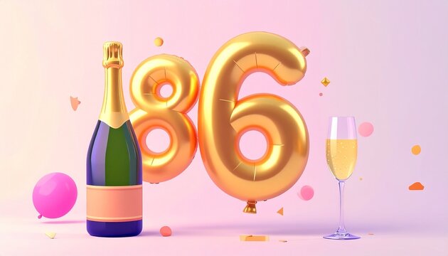 Birthday and Anniversary Celebration with Champagne and Gold Number 86 Balloon