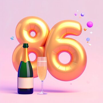 Birthday and Anniversary Celebration with Champagne and Gold Number 86 Balloon