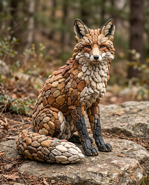 Red Fox Stone Pebble Art Sculpture Sitting on Rock - Realistic Mosaic Craft  