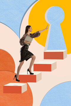 Determined career seeker climbing floating steps toward keyhole in geometric collage, new opportunities. Recruitment platforms, professional education concept.