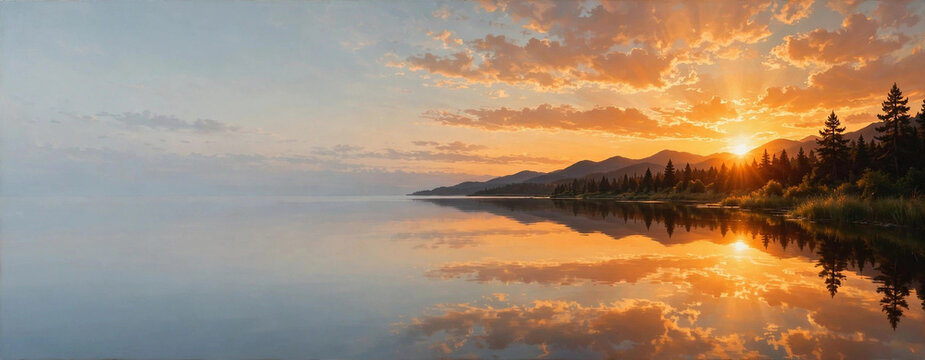 Serene Sunrise over Calm Lake: A breathtaking panoramic view of a tranquil lake reflecting the vibrant colors of a sunrise, with silhouetted trees and mountains gracing the distant horizon.