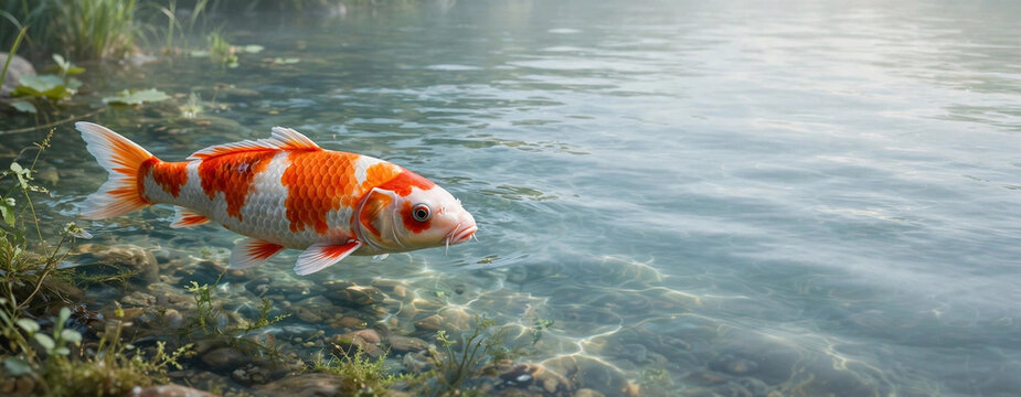 Koi fish swimming in clear water: A vibrant koi fish, adorned with striking orange and white patterns, glides gracefully through the clear, sun-dappled water of a serene pond.