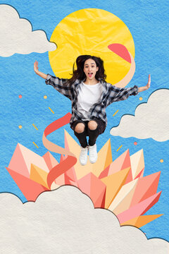 Excited dreamer spreading arms above geometric shapes in paper collage and flat illustration, fresh opportunities. Youth programs, creative education concept.