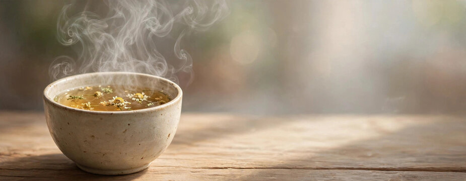 Steaming Bowl of Broth: A ceramic bowl filled with hot, savory broth releases fragrant steam, promising warmth and comfort on a rustic wooden surface, bathed in soft, diffused light.