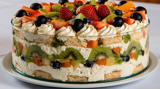 Layered fruit trifle with whipped cream and sponge cake on white tablecloth
