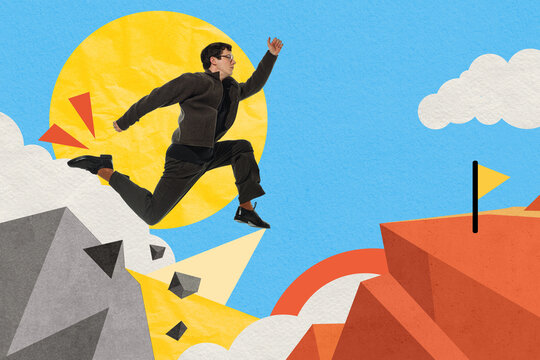 Confident businessman leaping toward flagged summit in geometric paper collage, pursuing opportunities. Business training, entrepreneurship services concept.