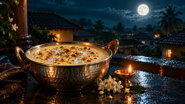 Large metallic pot holding sweet creamy dessert decorated with nuts during sharad purnima night alongside white flowers celebrating kojagori lakshmi puja traditions