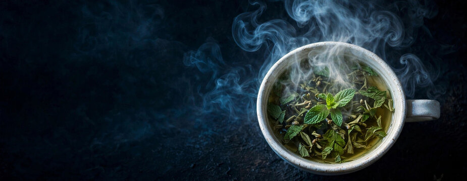 Steaming Mint Tea: A steaming cup of freshly brewed mint tea, with fragrant leaves and wisps of smoke curling upwards, promising a moment of soothing refreshment.