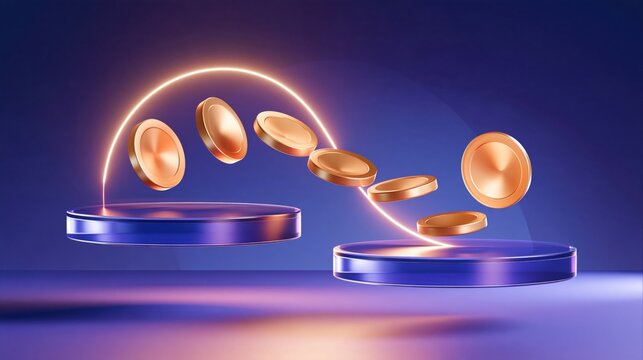 Floating golden coins arcing between two blue podiums under neon glow, abstract financial concept with gradient purple background