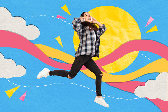 Joyful young adult jumping among ribbons in paper collage with flat illustration, embracing change. Youth campaigns, lifestyle brands concept.