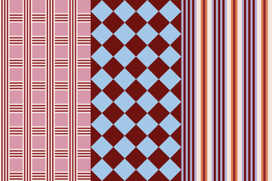 Vector Geometric seamless pattern collection featuring abstract wavy shapes, diamond motifs, and decorative stars, Modern retro designs for wallpaper, fabric, wrapping paper