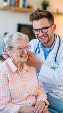 Smiling healthcare professional adjusts hearing device for an elderly woman.
