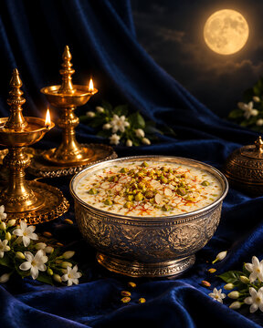 Traditional sweet rice pudding garnished with saffron and pistachios prepared for kojagori lakshmi puja celebrations under the moonlight of bright sharad purnima
