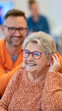 A cheerful older woman adjusts her hearing aid while a man smiles in the background.