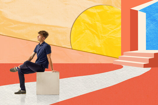 Reflective man sitting beside path to doorway in geometric paper collage, considering new beginnings. Career counseling, education planning concept.