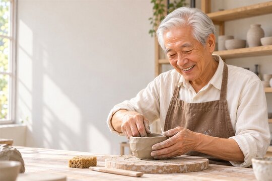 手びねりの陶芸を一緒に楽しむ日本人シニア夫婦