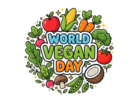 Bright flat illustration featuring 'World Vegan Day' text surrounded