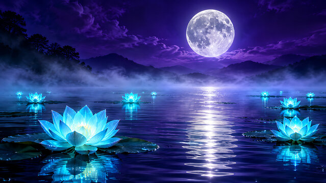 Glowing blue lotus flowers floating on serene water beneath a magical full moon during the divine sharad purnima and kojagori lakshmi puja