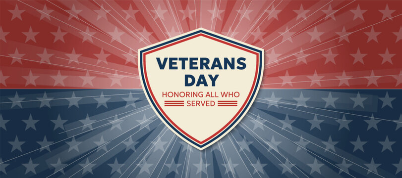 Veterans Day patriotic background with commemorative shield, American colors, stars and radiant decorative rays