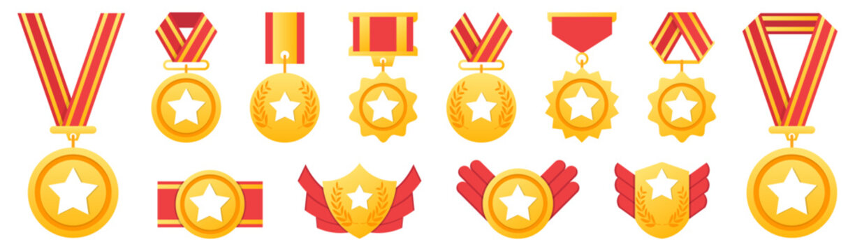 Golden award medal collection with red ribbons, decorative stars, shields and laurel ornaments in flat style