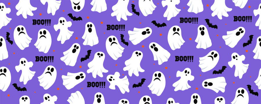 Playful Halloween seamless pattern with white cartoon ghosts, black flying bats, orange stars and purple background