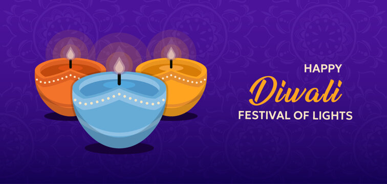 Happy Diwali greeting banner with colorful burning oil lamps and traditional mandala patterns on purple background