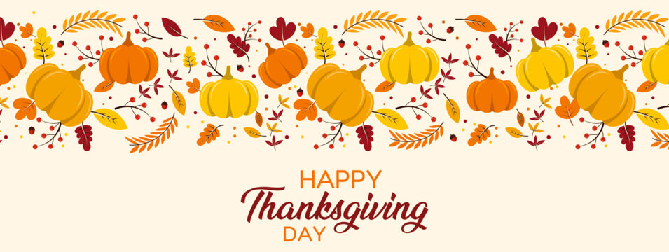 Happy Thanksgiving greeting banner with colorful autumn pumpkins, falling leaves, berries and seasonal harvest decorations