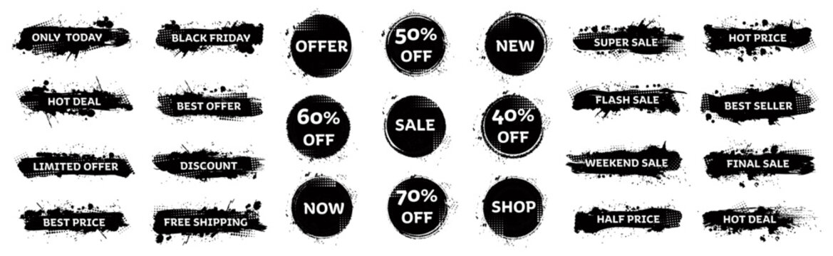 Black grunge sale label collection with distressed brush strokes, discount percentages and bold promotional lettering