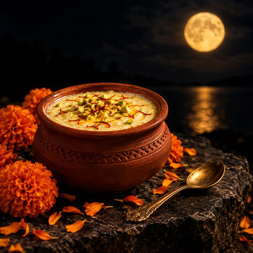 Sweet dessert served in a rustic clay pot surrounded by bright marigold flowers during the peaceful sharad purnima and kojagori lakshmi puja